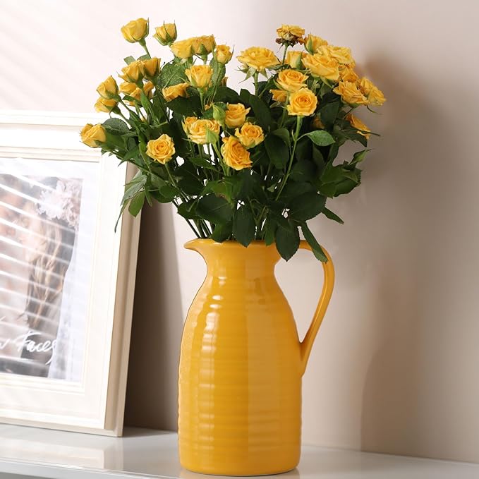 hjn Farmhouse Pitcher Vase for Flowers- Decrative Pitchers White Ceramic Pitcher Yellow Vase for Your Kitchen/Home Decor/Office/Living Room/Bookshelf/Mantel/-Yellow