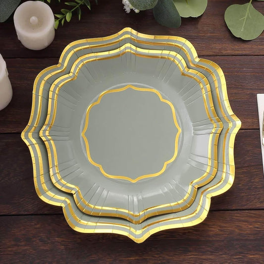 Efavormart 25 Pack Sage Green Appetizer Dessert Paper Plates With Scalloped Gold Rim, 8" Disposable Salad Plates - 300 GSM