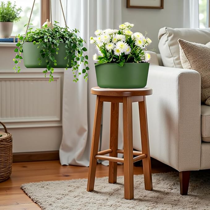 10.7 Inch Hanging Planter for Outdoor Indoor Plants，2 Pack Hanging Flower Pots with Drain Holes for Garden Home Decor Use (Dark Green)