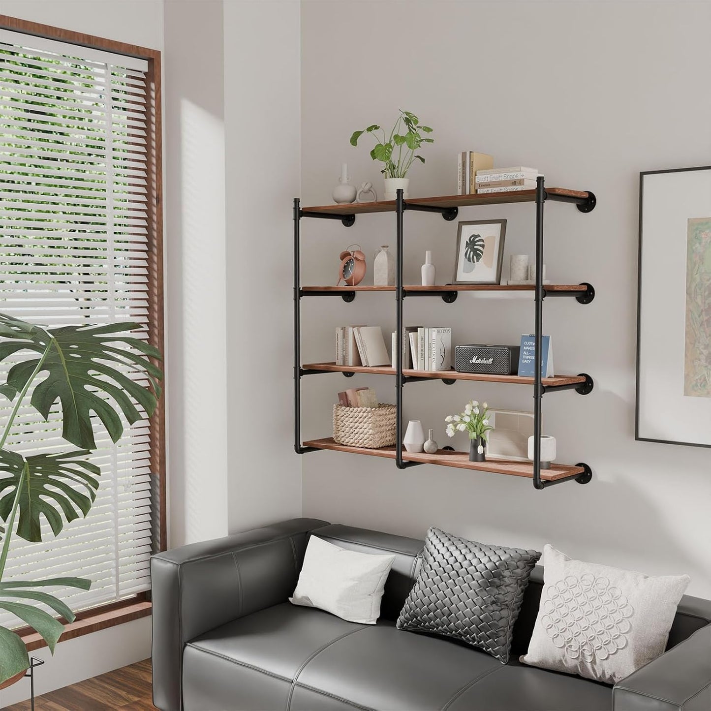 Industrial Pipe Shelf Brackets Wall Mount, Open Black Pipe Shelving for Kitchen,Floating Shelf Brackets Mount,Open Bookshelf Brackets for Shelves,Wall Shelves 12 Inch Deep,(2PcsX3Tier,47" Tal)