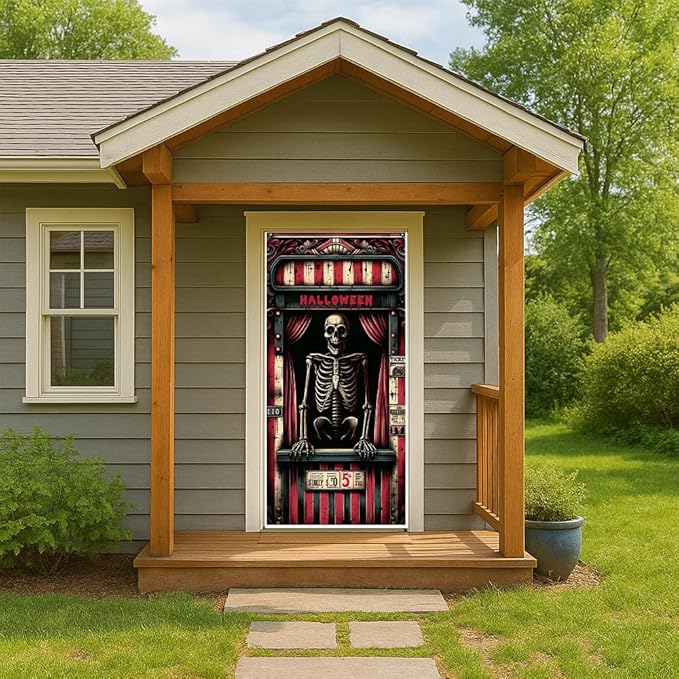 2D flat Skeleton Prison Halloween Door Banner Scary Horror Front Door Decorations for Halloween Party Indoor Outdoor Cover 71x35 Inch