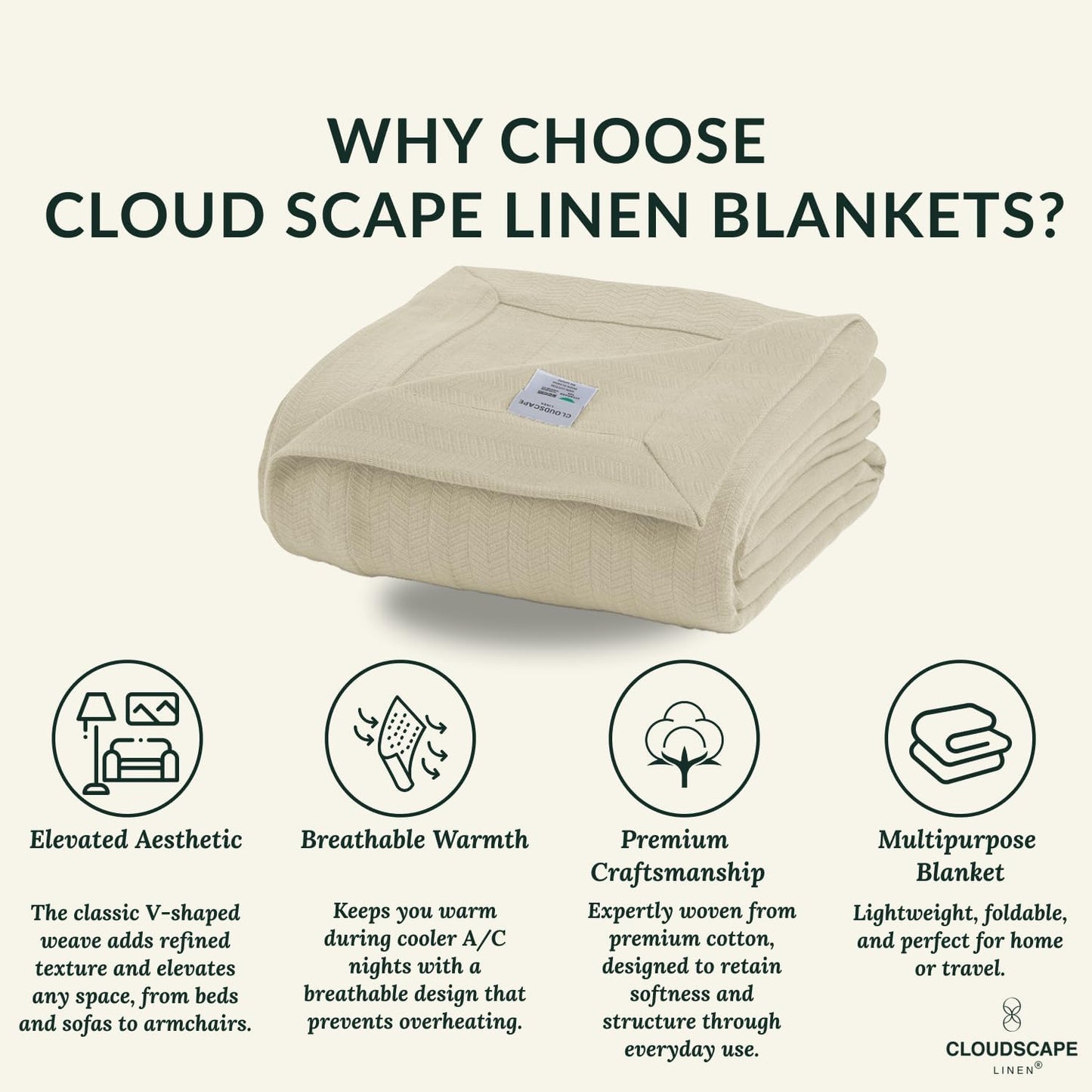 Cloud Scape Linen Herringbone Cotton Throw Blanket for Couch, Bed,Sofa, Home Decor, Soft, Lightweight, All-Season Bed Blanket, 50 x 70,Beige Fog