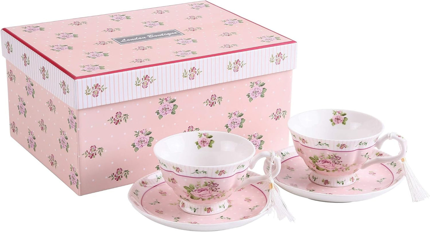 London Boutique Coffee Tea Cups and Saucers Set of 2 Vintage Flora Rose Lavender Porcelain Gift Box (Rose Pink 2pc Set)