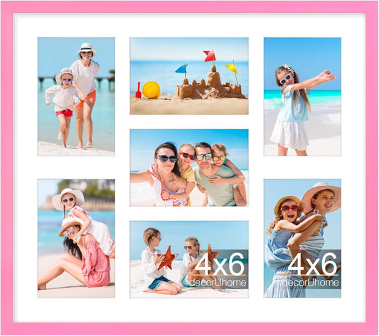 decorUhome 15x17 Picture Frames Collage Wall Decor, Display 7Pcs 4x6 Photos with Mat or 1Pcs 15x17 Unmatted, 7 4x6 Collage Picture Frames for Wall Mounting, Pink