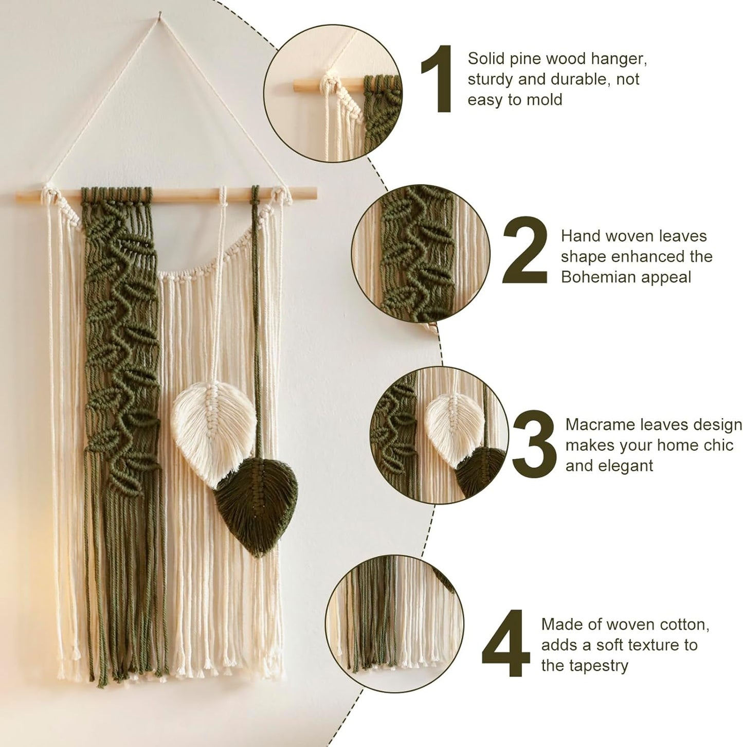 Macrame Leaves Tapestry Wall Decor- Bohemian Woven Tapestries Green Leaves Wall Art, Large Boho Tassels Hanging Ornament Western Room Decor for Bedroom Living Room Dorm