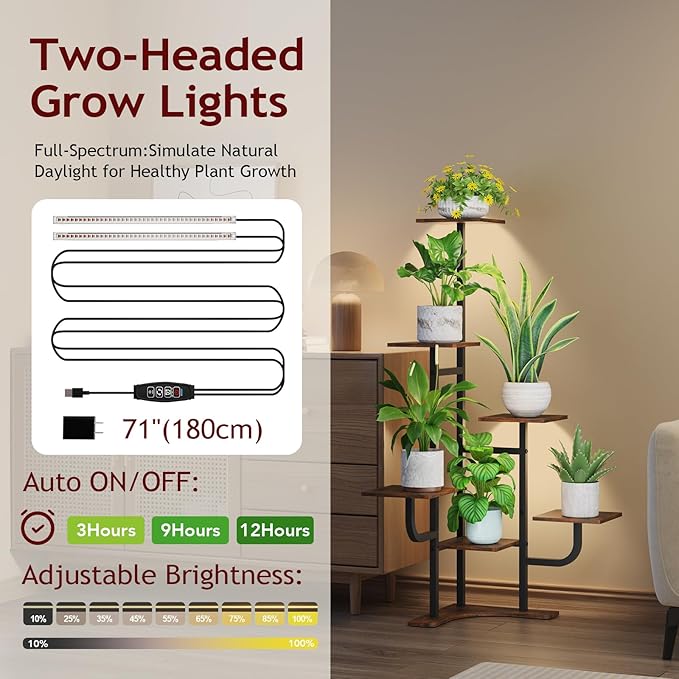 Corner Plant Stand with Grow Light - 6 Tier Plant Stand Indoor Square Metal Plant Shelf with Adjustable Light, Plant Organizer for Living Room, Graden, Home Decor (Brown)