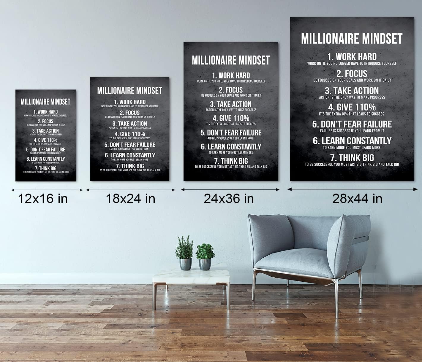 Millionaire Mindset 7 Rules Motivational Wall Art Inspirational Canvas Prints Positive Quotes Poster Success Artwork Office Picture Wall Decor Modern Home Decoration Framed- 24 x 36 inch