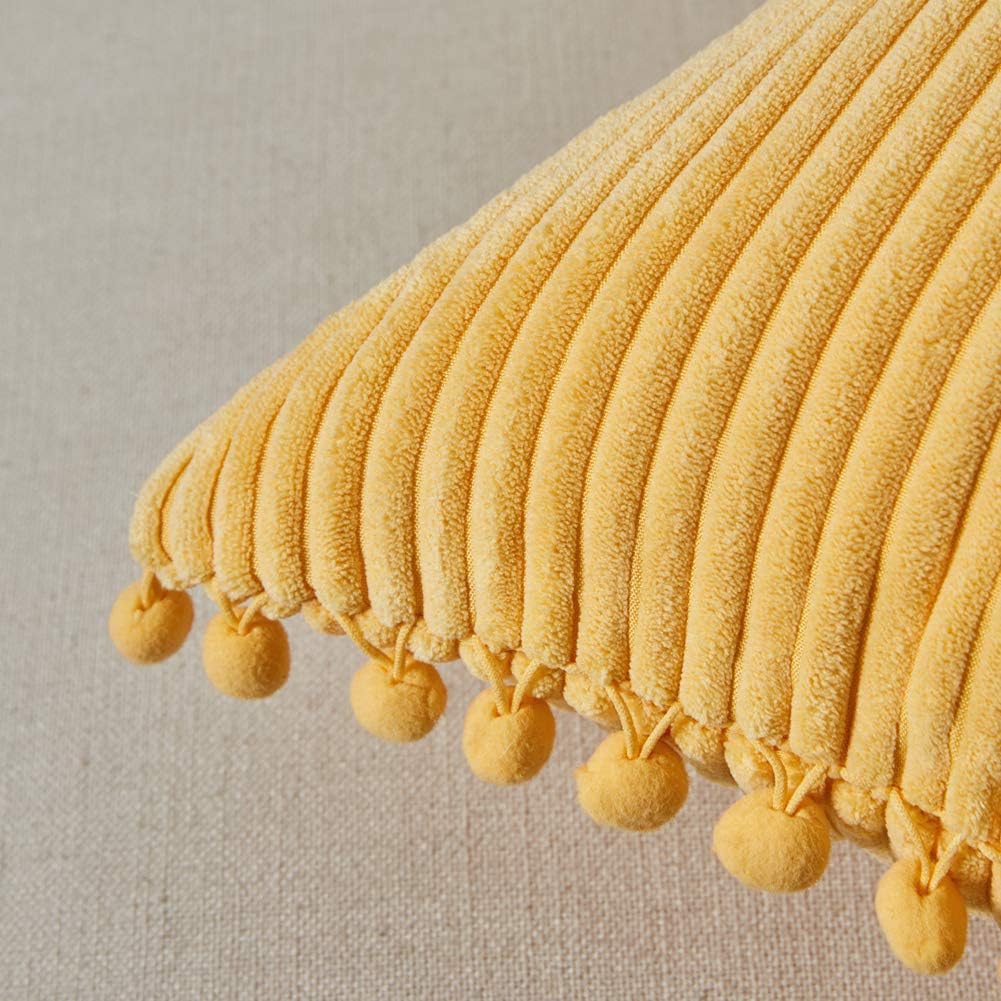 Fancy Homi Pack of 2 Boho Lumbar Decorative Throw Pillow Covers with Pom-poms, Soft Corduroy Solid Rectangle Cushion Cases Set for Couch Sofa Bedroom Car Living Room (12x24 Inch/30x60 cm, Yellow)