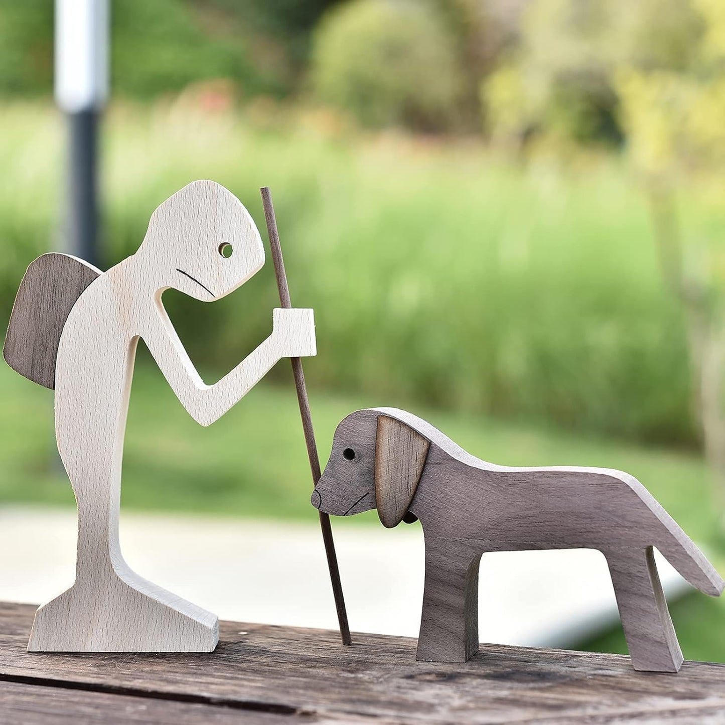 ISHINE Handmade Wooden Statue for Home Decor, Man and Dog Wood Figurine, Wood Decor Accents Craft Figurine for Bedroom Home Office Shelf Decor Gift Natural ECO Friendly