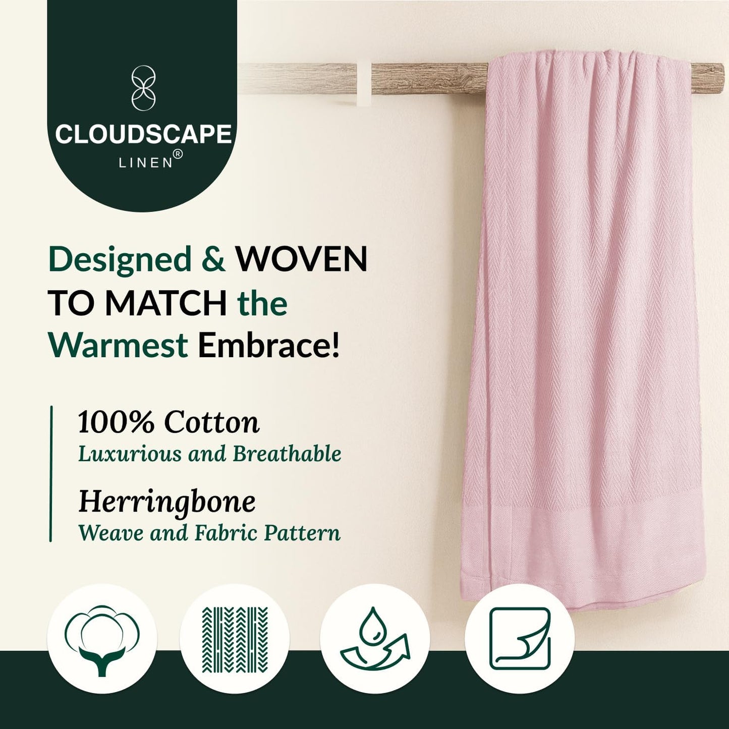 Cloud Scape Linen Herringbone Cotton Throw Blanket for Couch, Bed,Sofa, Home Decor, Soft, Lightweight, All-Season Bed Blanket, 50 x 70, Seashell Pink