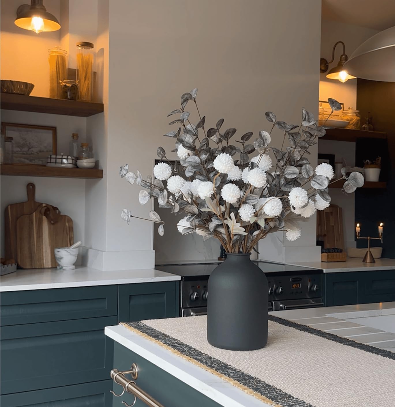 Laelfe 10 Kiku Flowers + 5 Large Eucalyptus Bunches, Silk Fake Pompon Mums (Ball Flower Stems) - Decor for Home, Wedding Filler, Centerpieces & Shower Arrangements