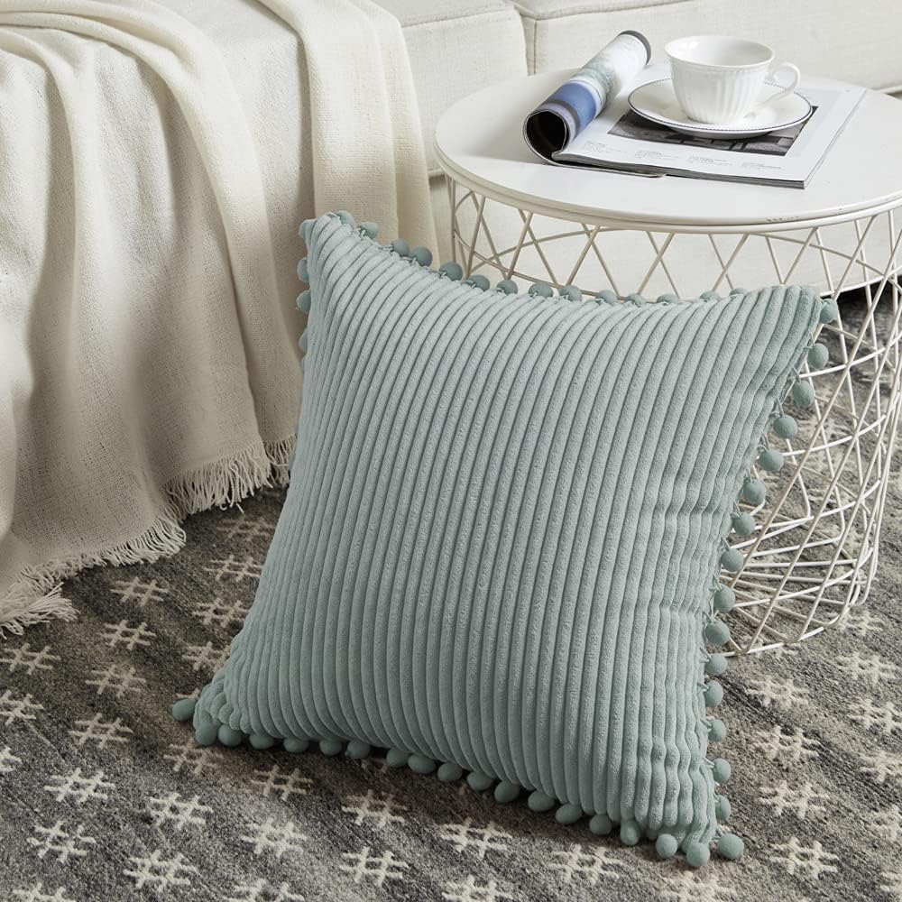 Fancy Homi Pack of 2 Farmhouse Decorative Throw Pillow Covers with Pom-poms, Soft Corduroy Solid Square Cushion Cases Set for Couch Sofa Bedroom Car Living Room (16x16 Inch/40x40 cm, Grey Blue)