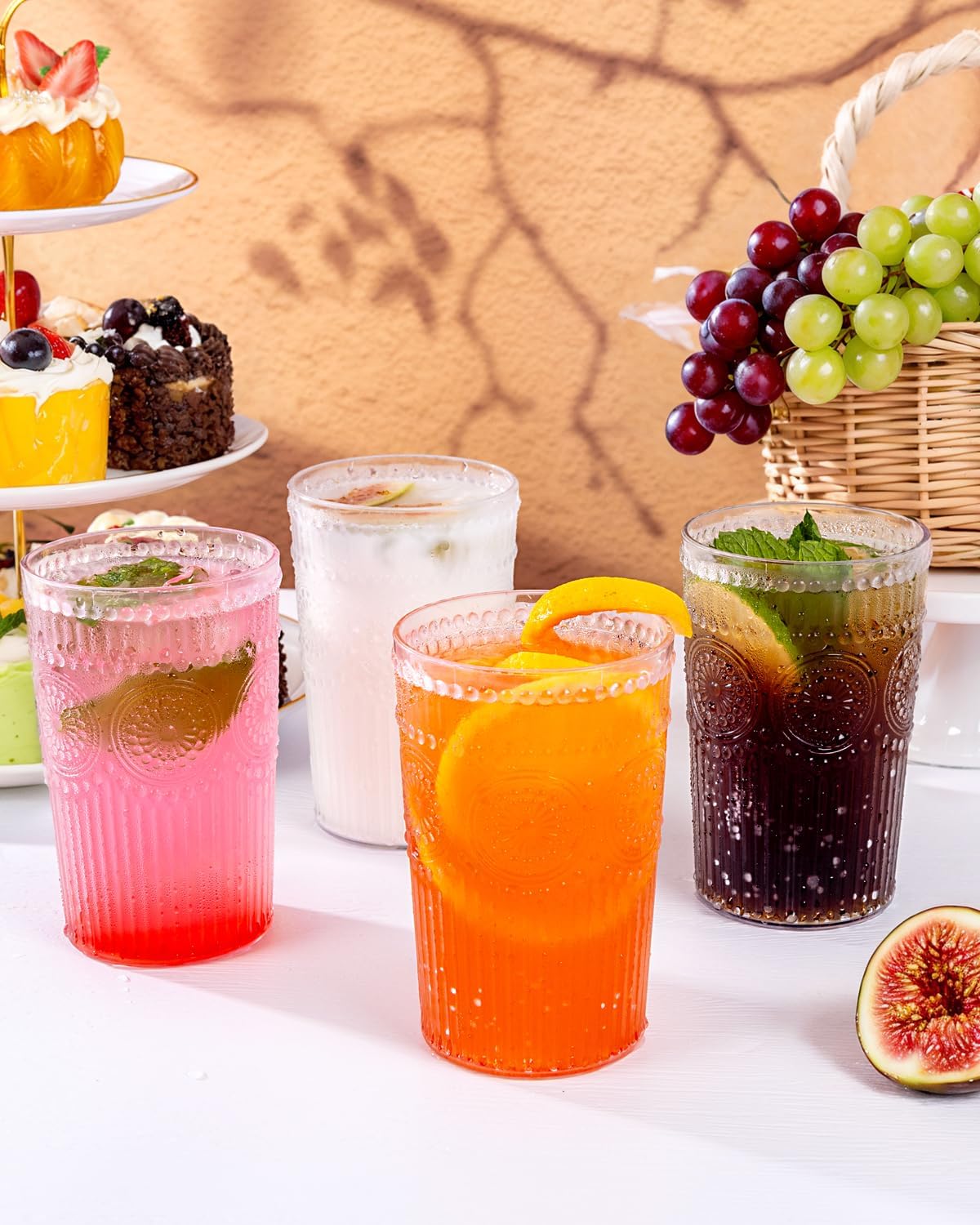 Ciaell 12 Pack Romantic Plastic Water Glasses - 14 Oz Clear Vintage Drinking Glasses, Embossed Ribbed Plastic Cups, Textured Striped Drinkware Set for Juice, Beverages, Beer, Cocktail