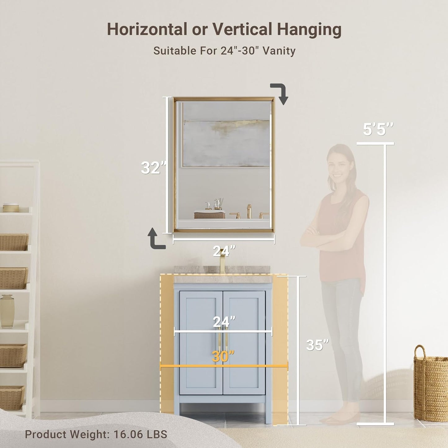 Gold Bathroom Mirror, 24x32 Brushed Gold Bathroom Mirror Beveled Edge, Gold Framed Rectangle Bathroom Vanity Mirror, Anti-Rust Brushed Brass Metal Frame Wall Mirror Vertical/Horizontal