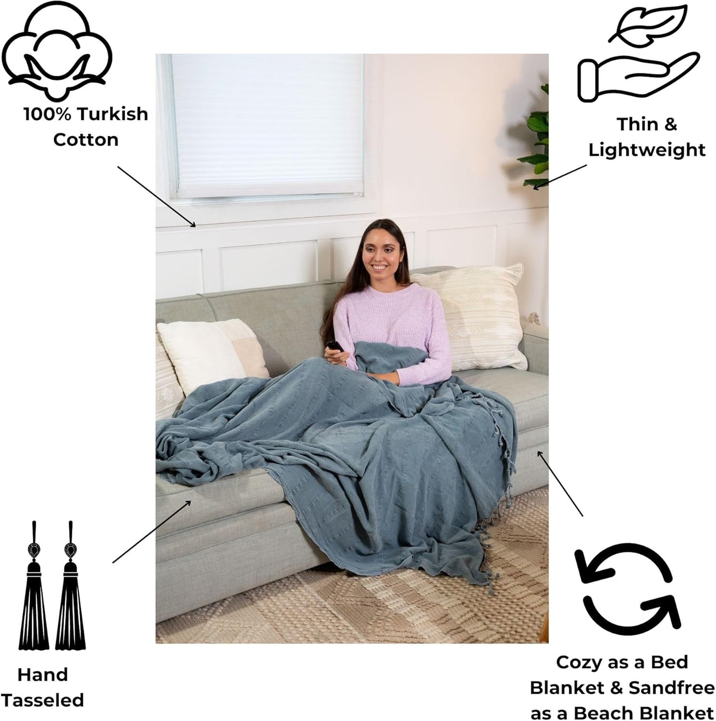 InfuseZen Large Stonewashed Turkish Throw Blanket - 100% Organic Turkish Cotton - 92" x 69" - Soft, Lightweight, Cozy - Love Seat, Sofa, Bed, Picnic, Yoga - Sand Free Beach Blanket - Denim