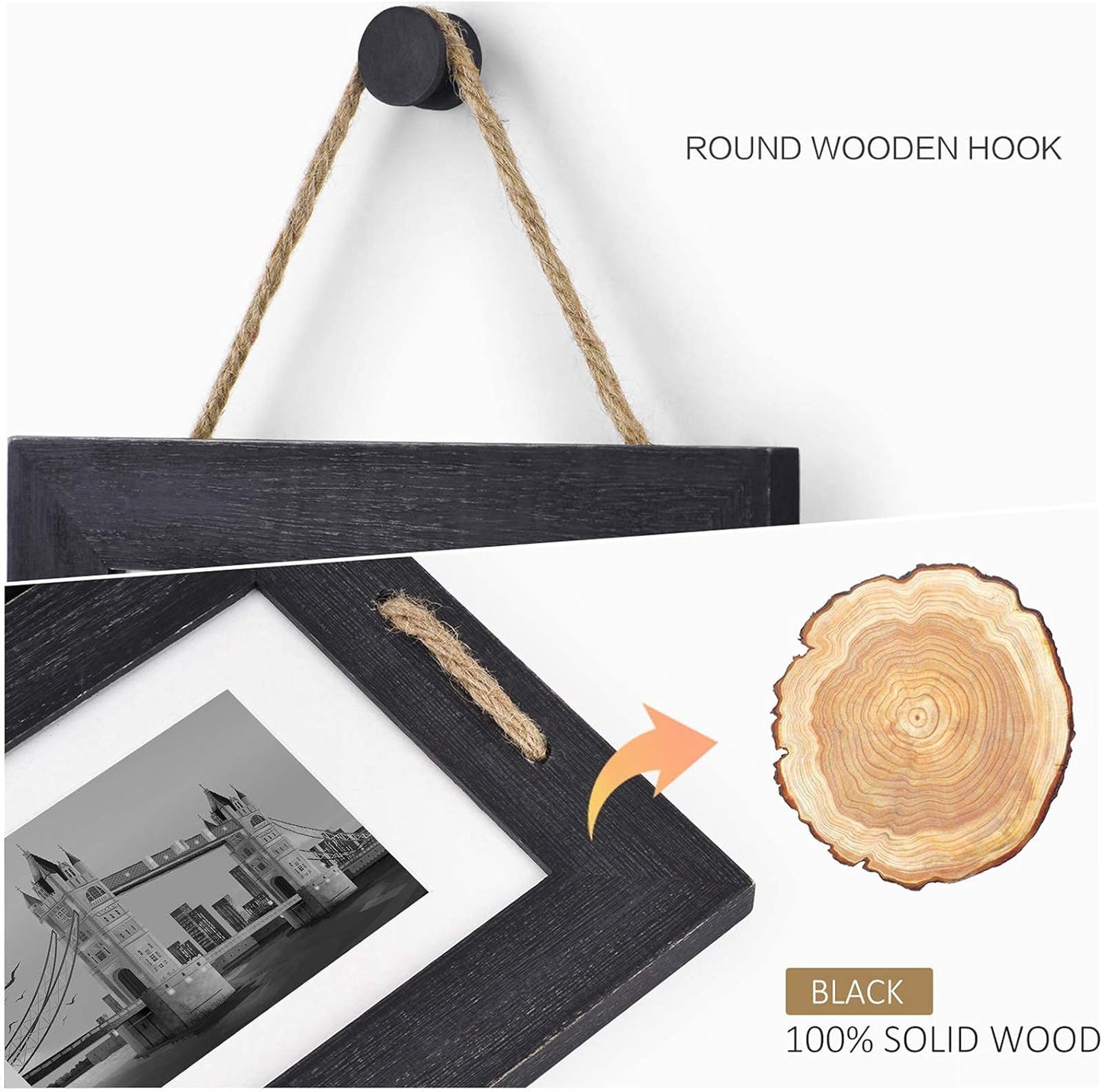 DLQuarts 5x7 Hanging Picture Frames Collage Wall Decor, 4-Opening, 3.5x5 With Mat or 5x7 Without Mat, Rustic Solid Wood Multi Picture Frames for Family, 1 Pack, Weathered Black