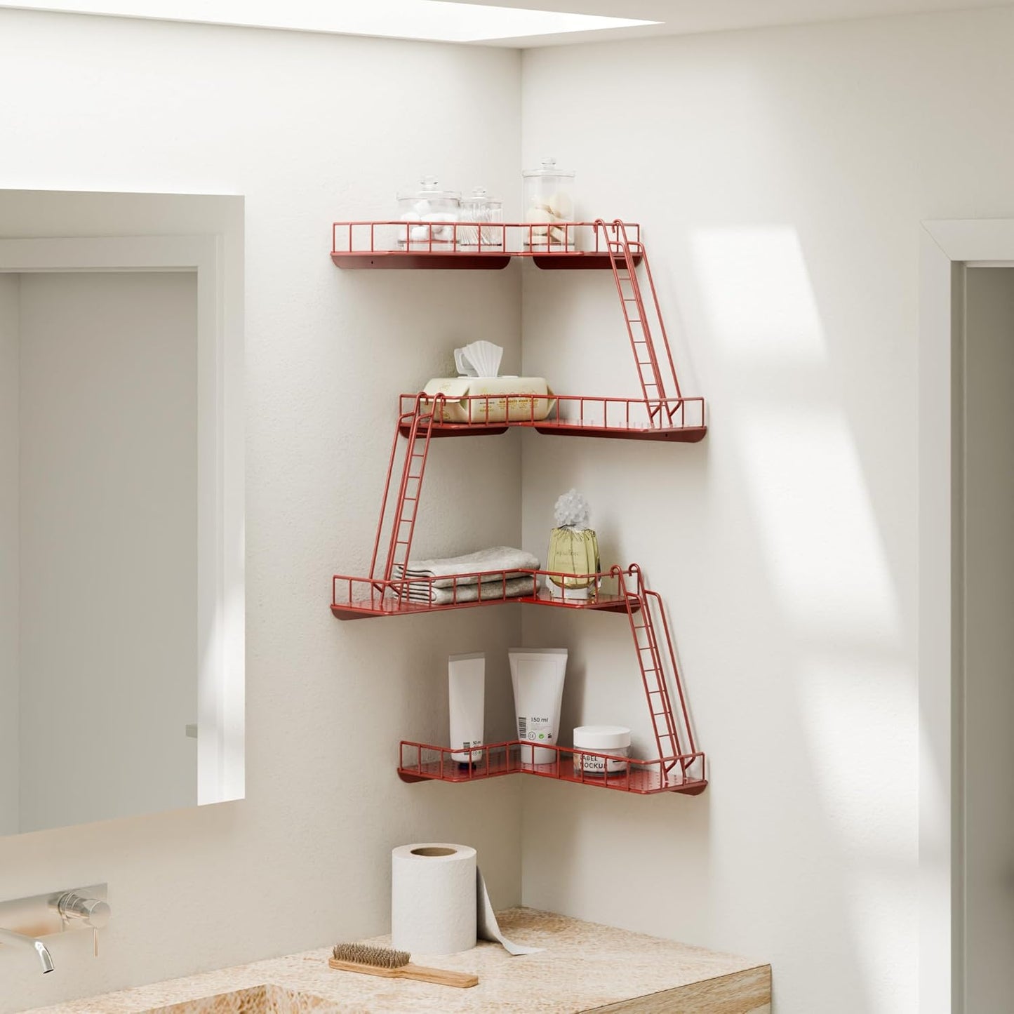 Fire Escape Wall Shelf - Modern City Style 4-Tier Corner Wall Shelves, Easy to Install Metal Ladder Shelf for Figures, New York Decorative Shelves for Bathroom, Living Room & Home Decor, Red