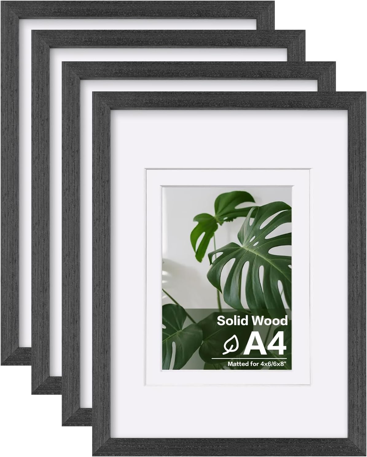 Egofine A4 Picture Frames Set of 4, Made of Solid Wood Covered by Plexiglass 4x6 and 6x8 with Mat or A4 without Mat, for Table Top Display and Wall Mounting Photo Frame Rustic Black