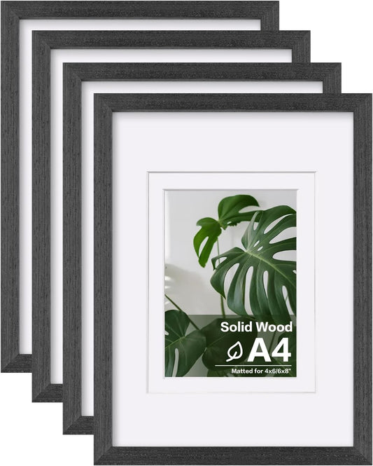 Egofine A4 Picture Frames Set of 4, Made of Solid Wood Covered by Plexiglass 4x6 and 6x8 with Mat or A4 without Mat, for Table Top Display and Wall Mounting Photo Frame Rustic Black
