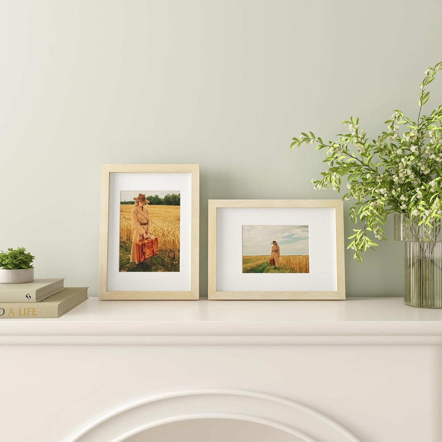 Egofine A4 Picture Frames Set of 4, Made of Solid Wood Covered by Plexiglass 4x6 and 6x8 with Mat or A4 without Mat, for Table Top Display and Wall Mounting Photo Frame Oak Wood