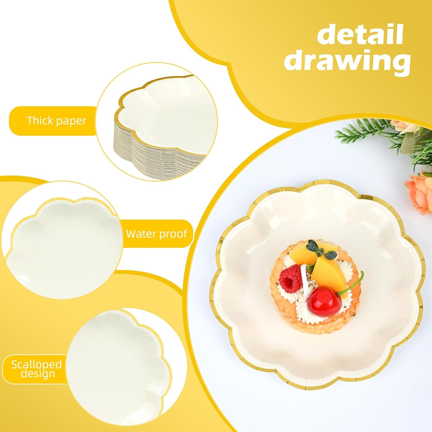 Beige Party Plates Cream Dessert Paper Plates 7inch Gold Foil Scalloped Edge Disposable Cake Plates for Tea Party Birthday Bridal Baby Shower Wedding Party Supplies (48, Beige)