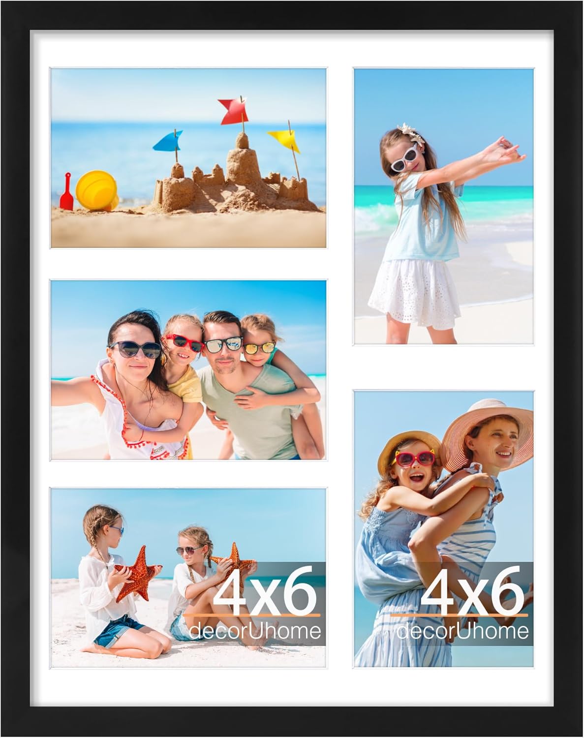 decorUhome 11x14 Picture Frames Collage Wall Decor, Display 5Pcs 4x6 Photos with Mat or 1Pcs 11x14 Unmatted, 5 4x6 Collage Picture Frames for Wall Mounting, Black