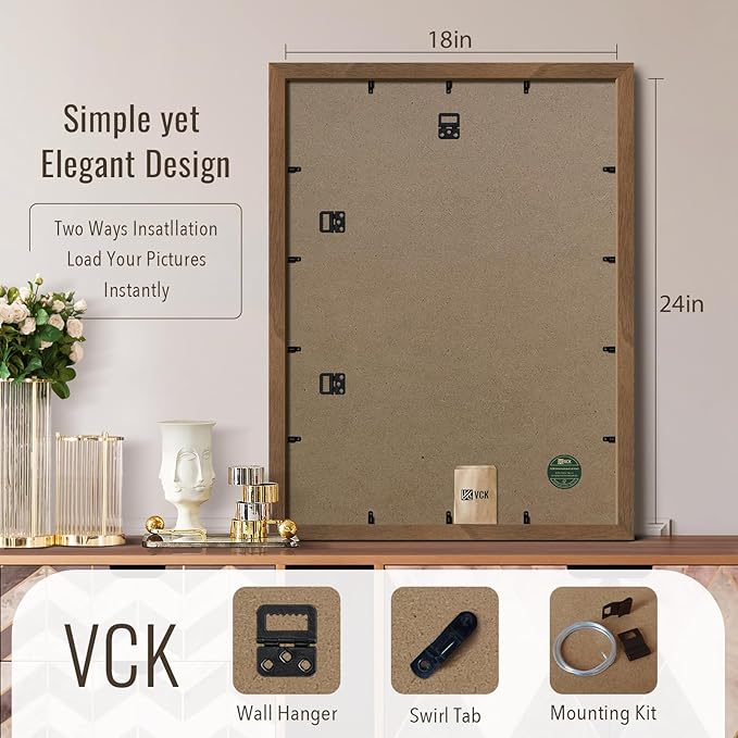 VCK 18x24 Poster Frame Brown Walnut - 3 Pack, Exclusive Natural Wood Grain Solid Wood Picture Frame, Wall Hanging