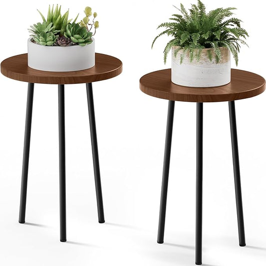 Plant Stand Indoor 2 Pack: Corner Wood 20 Inch Plant Stand Mid Century Modern Decor - Small Round Plant Table for Indoor Plants - Outdoor Plant Holder for Patio Living Room Bathroom Office (Walnut)