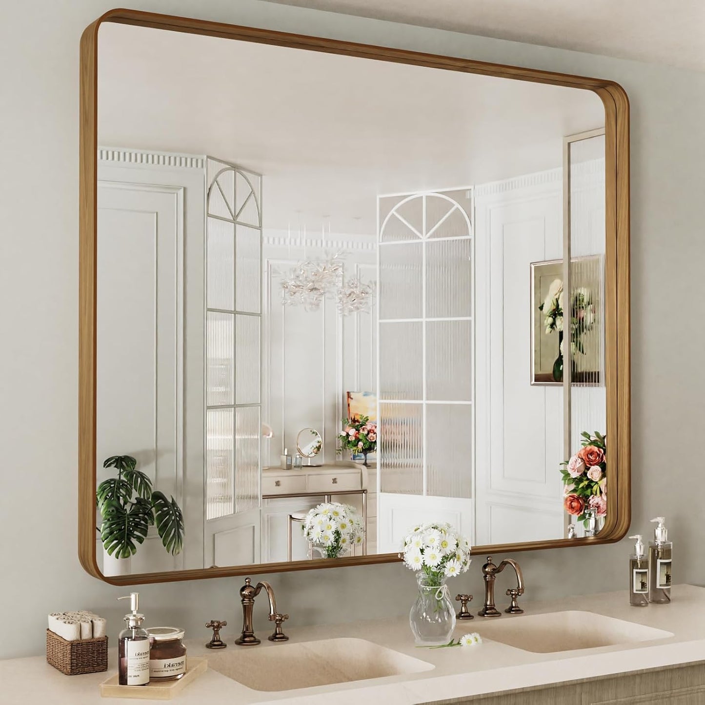 LOAAO 48X40 Inch Bathroom Mirror with Wood Grain Colored Metal Frame, Rounded Rectangle Metal Framed Bathroom Mirror, Anti-Rust, Hangs Horizontally or Vertically, Tempered Glass