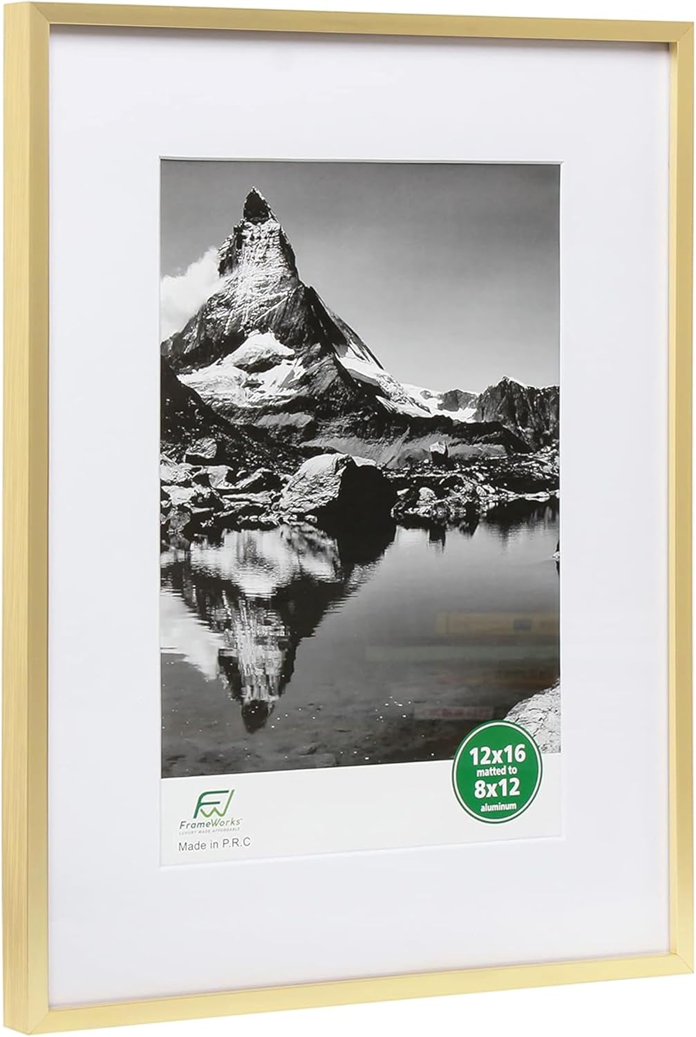 FrameWorks 12x16 Matted to 8x12 Picture Frame – Aluminum Frame w/Tempered Glass, Removable Mat for Photos, Posters, Art, Stylish Wall Frame for Home Decor, Gallery Walls, Office, Living Room - Gold