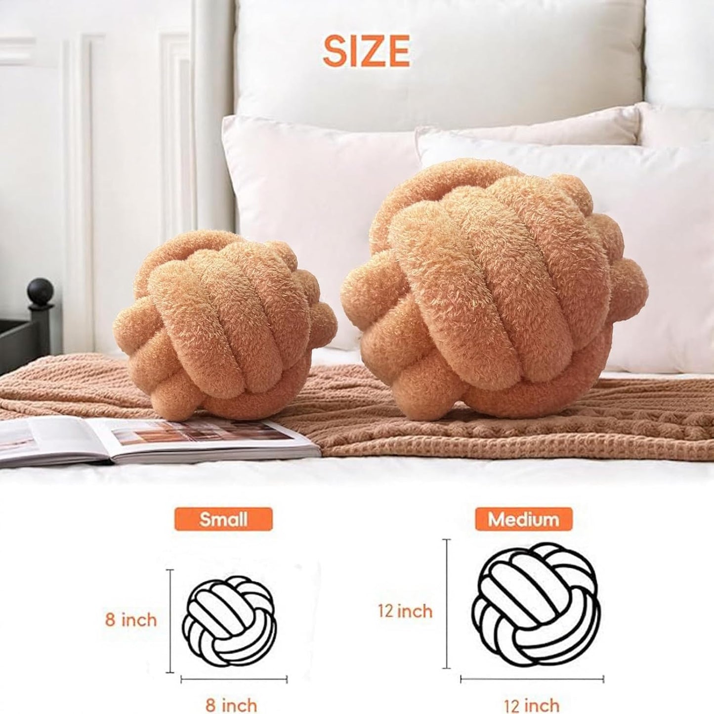 Knot Pillow Ball Plush - Decorative Throw Pillows for Bed Relieve Stress, Round Knot Cushion for Sofa Decor Pet Toy, Khaki 8 inch