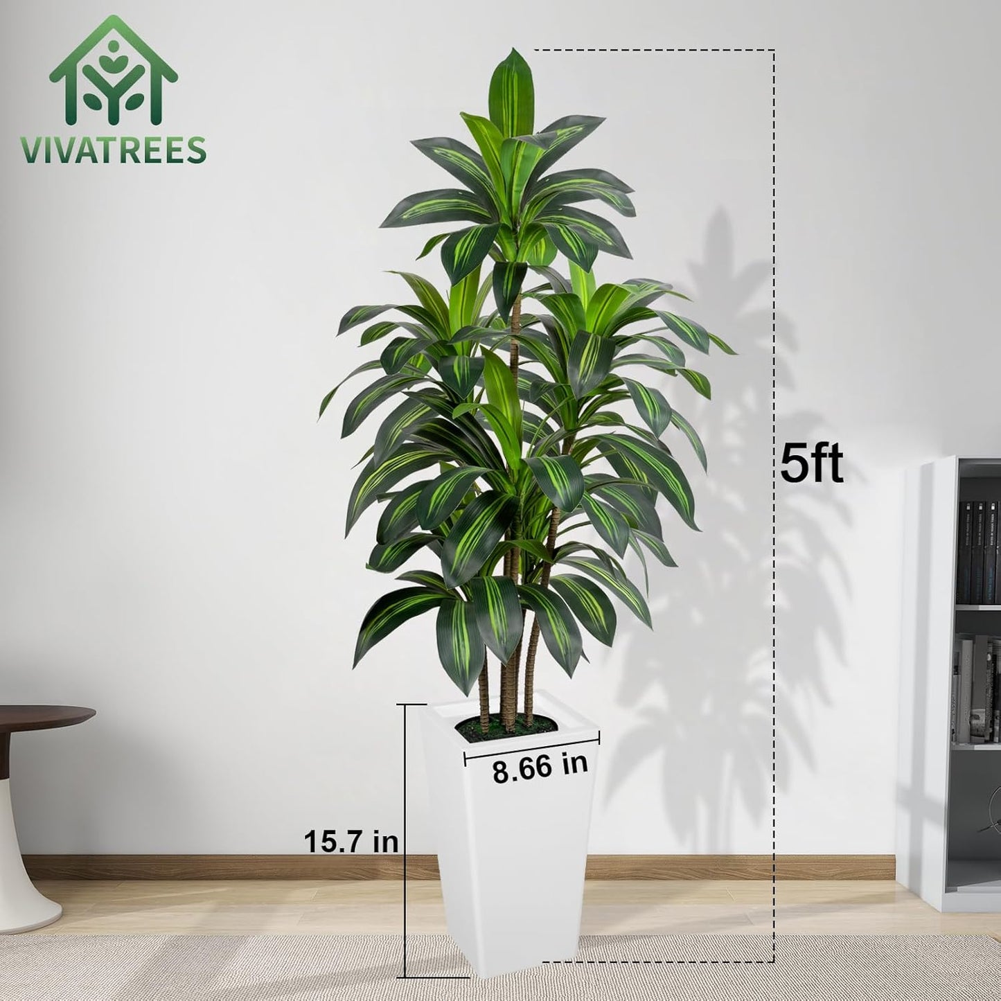 Dracaena Tree 5FT Artificial, 60in Tall Faux Dracaena Tree with 15.7 White Planter, Fake Potted Tree for Indoor & Outdoor Home Office Decor