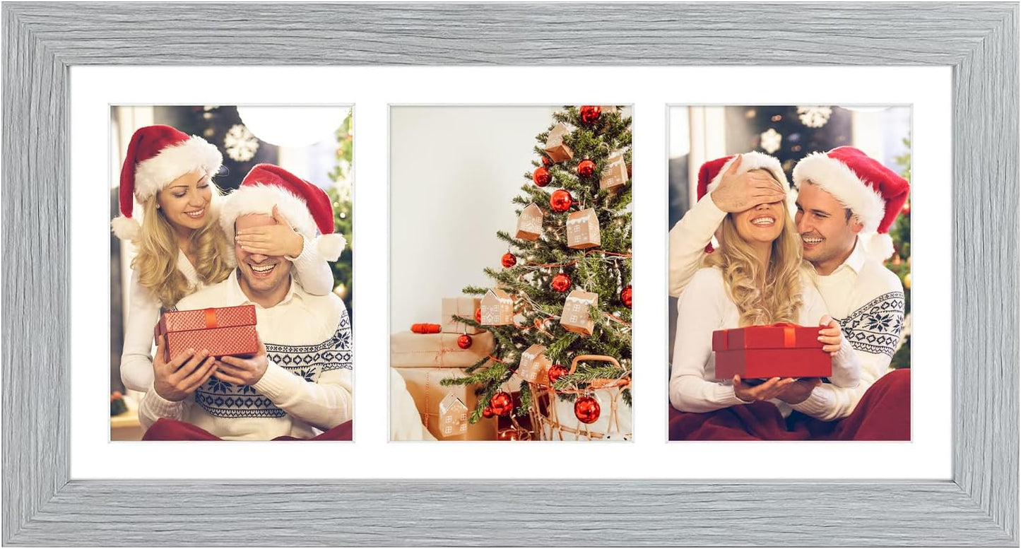 Golden State Art, 7x14 Grey Photo Wood Collage Frame with Mat Displays Three 4"x6" Pictures, Solid Wood with Real Glass Multiple Collage Frame