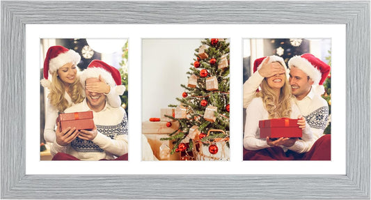 Golden State Art, 7x14 Grey Photo Wood Collage Frame with Mat Displays Three 4"x6" Pictures, Solid Wood with Real Glass Multiple Collage Frame