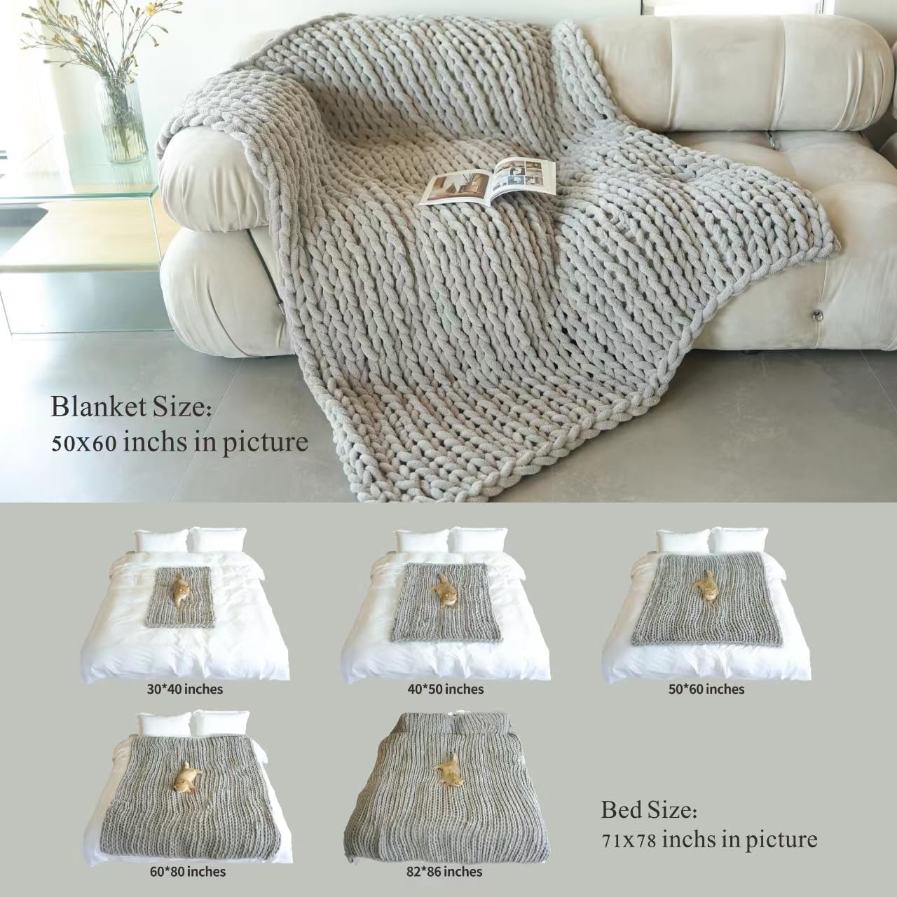 Maetoow Chenille Chunky Knit Blanket Throw （50×60 Inch）, Handmade Warm & Cozy Blanket Couch, Bed, Home Decor, Soft Breathable Fleece Banket, Christmas Thick and Giant Yarn Throws，White