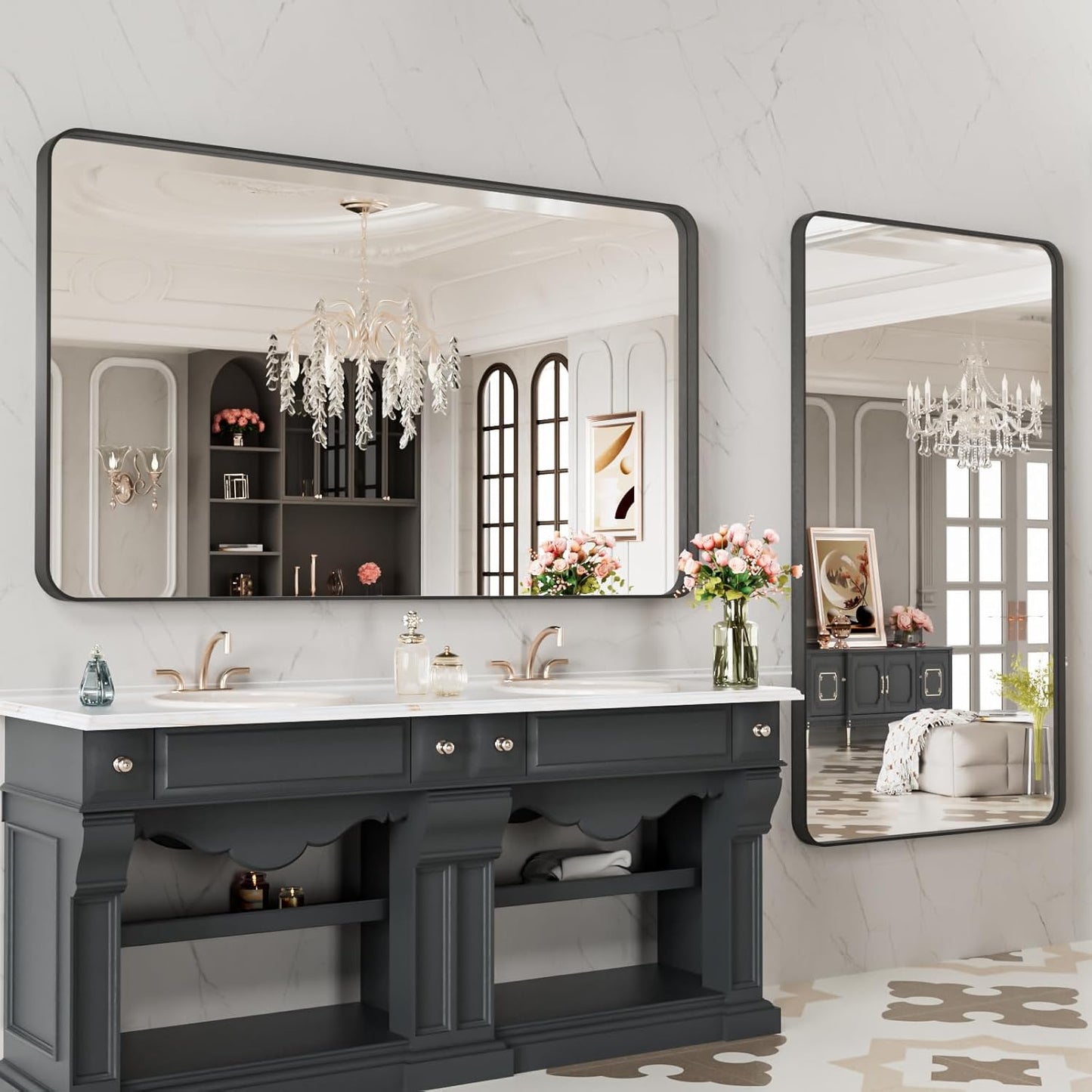 LOAAO 48X28 Inch Black Metal Framed Bathroom Mirror for Wall, Matte Black Bathroom Vanity Mirror Farmhouse, Anti-Rust, Tempered Glass, Hangs Horizontally or Vertically