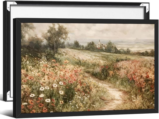 Landscape Wildflower Wall Art Nature Botanical Floral Posters Retro Cottagecore Plant Paintings Canvas Prints 16x24 inch Black Framed for Farmhouse Living Room Wall Decor