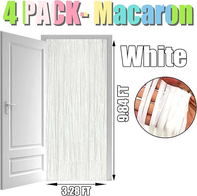 4 Pack White Foil Fringe Curtain Backdrop, 3.3Ft x 9.8Ft Metallic Tinsel Streamers Curtains for Photo Booth, Wedding, Thanksgiving, Birthday, Christmas Party Decoration, One Size