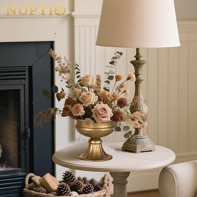 NUPTIO Distressed Gold Vases for Centerpieces: 2 Pcs Small Compote Vases for Flowers - Metal Pedestal Bowl Decor for Wedding Table Home