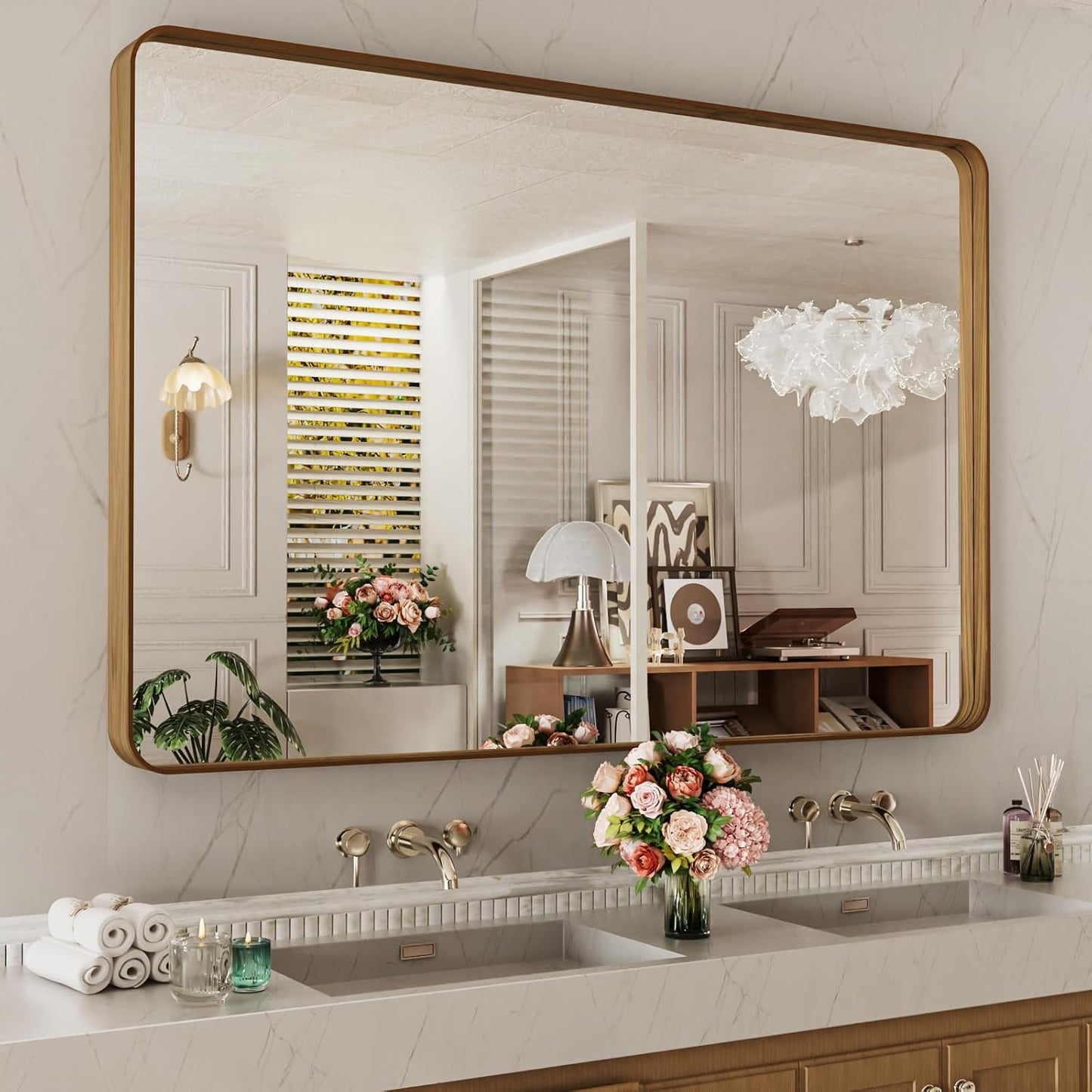 LOAAO 55X36 Inch Bathroom Mirror with Wood Grain Colored Metal Frame, Rounded Rectangle Metal Framed Bathroom Mirror, Anti-Rust, Hangs Horizontally or Vertically, Tempered Glass