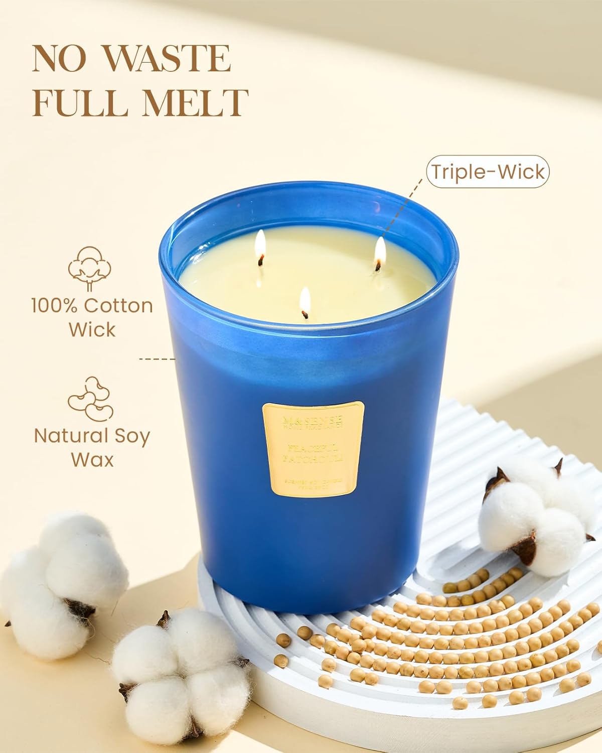 M&SENSE Peaceful Patchouli Scented Candle 35oz 150H Burn Time Long Lasting, 3-Wick Natural Aromatherapy Fall Winter Candle, Home Fragrance Housewarming Festival Gifts