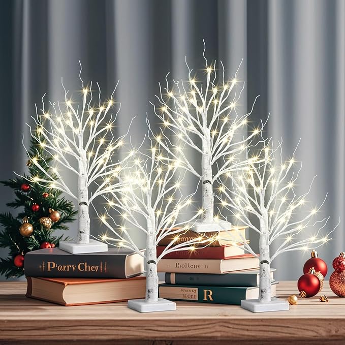 4pcs 36LED Lighted Birch Tree Home Decor - White Birch Tree with Lights Money Tree Wedding Centerpieces Artificial Branches Table (Warm White)