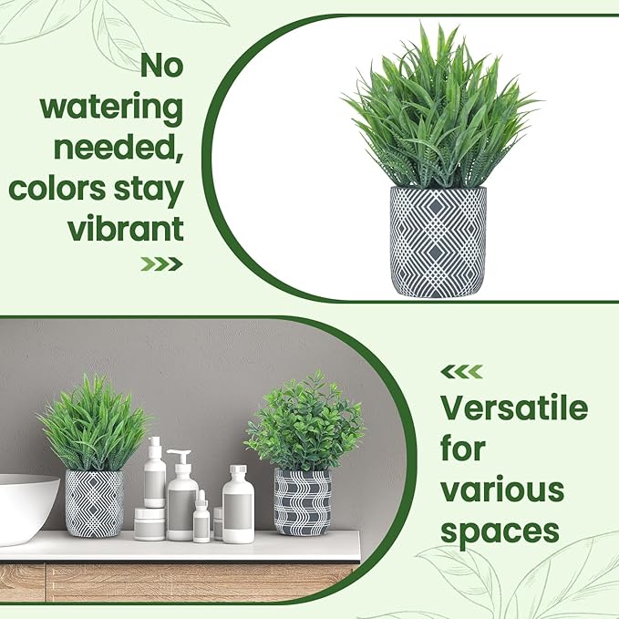 2 Pack Small Fake Plants, Fake Grass Plant, Artificial Boxwood with Geometric Pattern Cement Pots, Small Potted Faux Greenery for Home Decor, Bathroom, Shelf, Office, Farmhouse Decoration