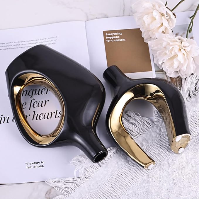 Black and Gold Hollow Ceramic Vase Set of 2, Modern Nordic Boho ins Style Aesthetic Decorative Flower Vase for Home Decor, Wedding, Living, Bedroom, Dining Table, Shelf, Mantle, Office Decor