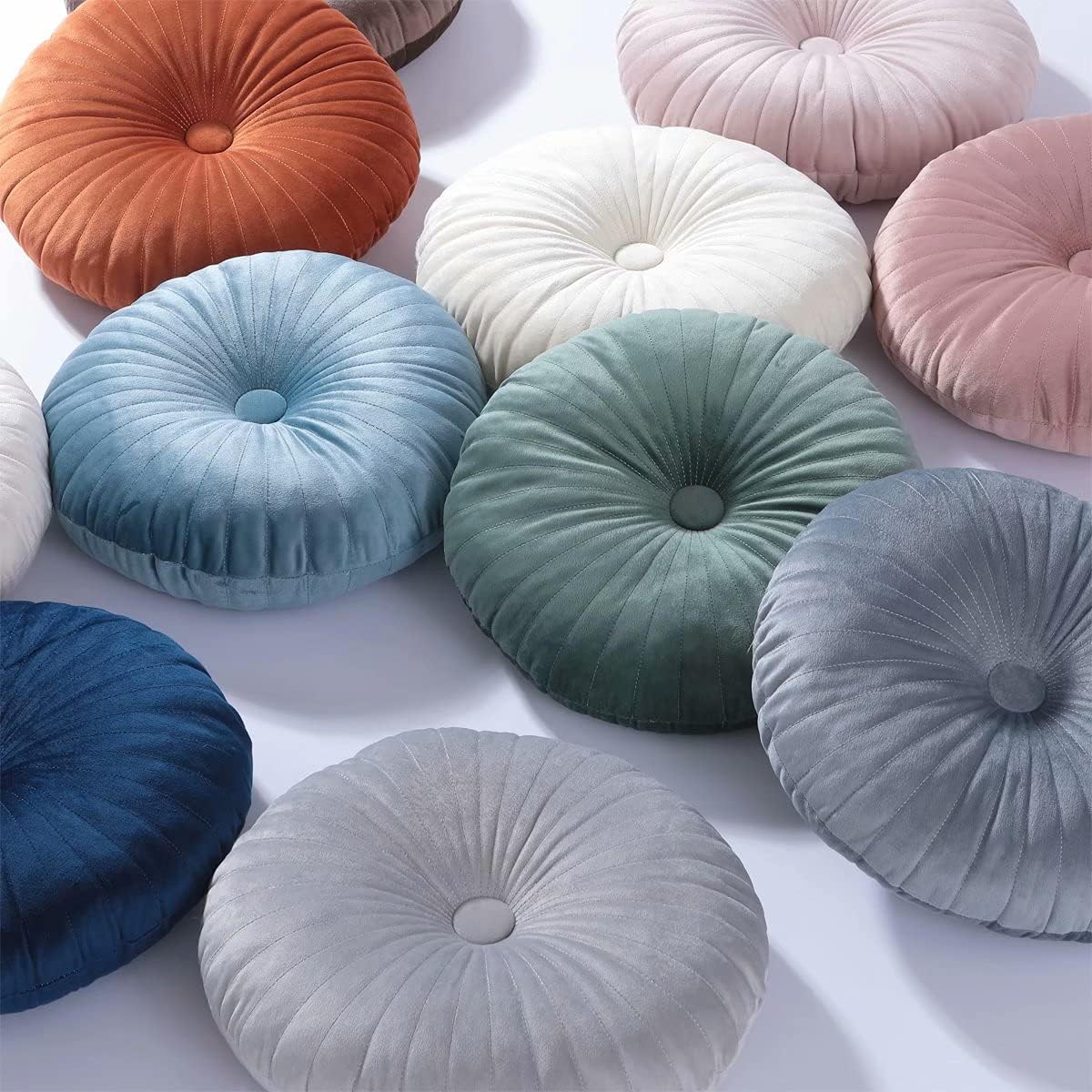 HLOVME Round Pillow Cushion for Couch Velvet Decorative Small Throw Pillow Solid Color for Living Room Bed Floor 13.7”, Light Gray