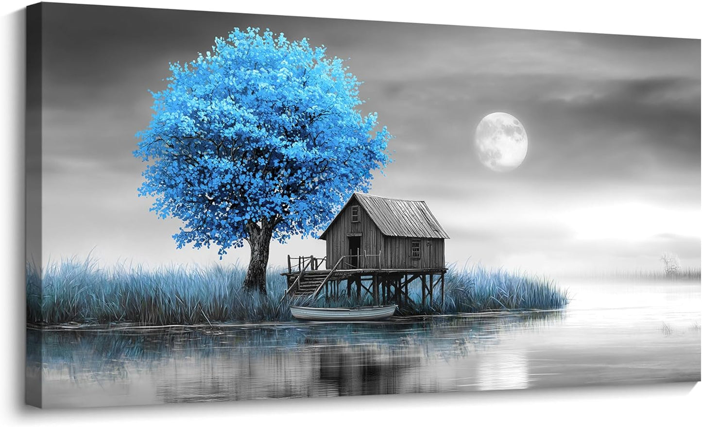 JEAWA Landscape Canvas Wall Art Decor - Blue Gray Wall Art for Bedroom Living Room Home Office, Winter Wall Art Canvas Paintings, Moon Pictures Wall Decor, Tree Art Wall Decor, 24x48 IN