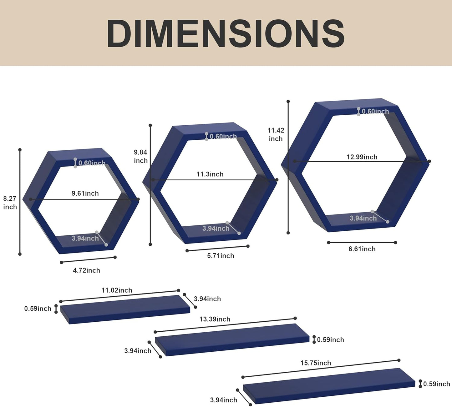 Hexagon Floating Geometric Honeycomb Shelves - Hexagon Floating Shelves Wall Mounted, Honeycomb Wall Shelves Set of 6, Geometric Floating Shelves for Wall Decor, Navy Blue Honey Comb Shelves for Home