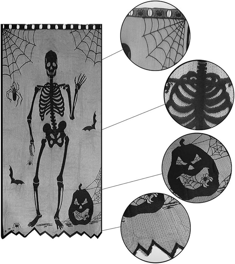 Jayla Halloween Skull Door Curtain, Black Halloween Lace Window Curtain, Ornament Bat Curtain for Halloween Party Haunted House Decoration, 102x213cm/40x84 inch