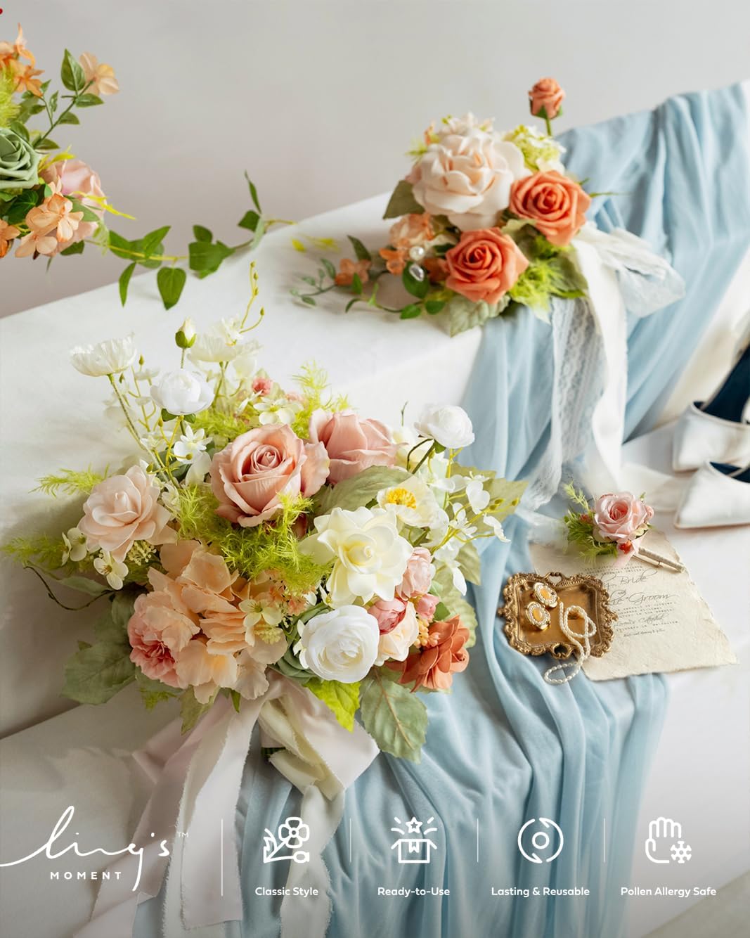 Ling's moment Coral Pink Wedding Bouquets for Bride, Blush Garden Bridal Bouquets for Bride, 13 Inch Free Form Artificial Wedding Flower Bouquet