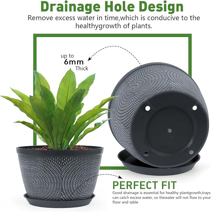 Quarut 10 Inch Flower Pots Planters for Outdoor Indoor, 3 Pack Plastic Plant Pots with Drainage Hole & Tray, Modern Decorative Garden Pot with Saucer, planters for House (Gray)